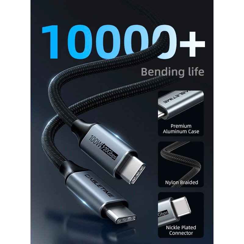 Кабель CABLETIME USB3.2 CM/CM 100W, 20Gbps, 4K@60Hz 1м (CU20H)