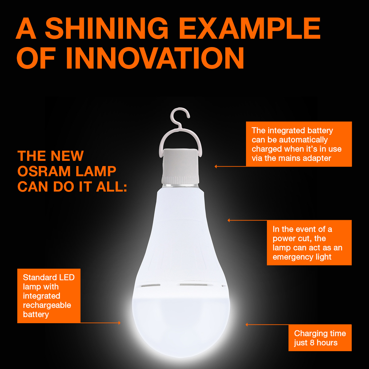 Лампа акумуляторна LED OSRAM LED Classic Rechargeable A60 E27 8W 2700K 220V (4099854190087)
