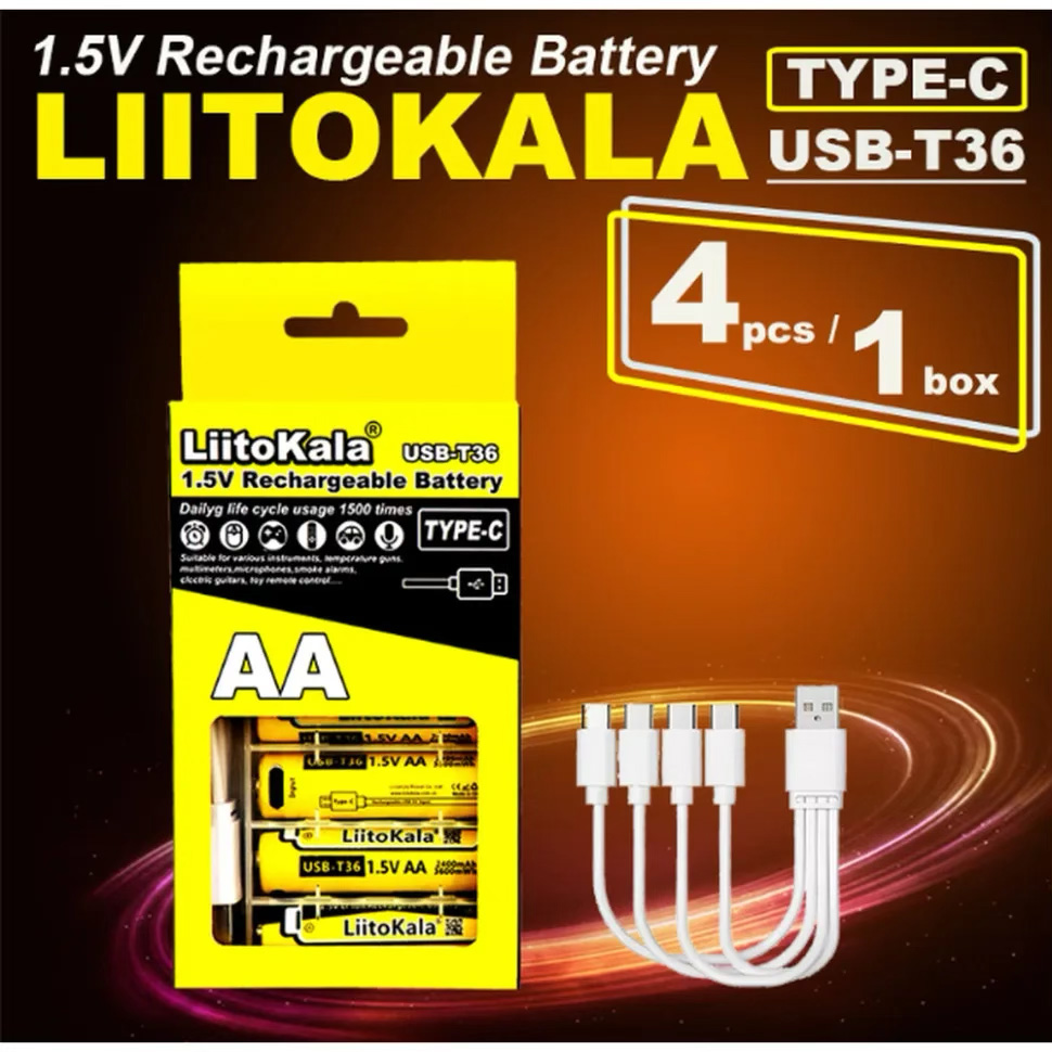 Акумулятор LIITOKALA Li-Ion USB-T36 AA 3600mAh, USB-C заряджання 4шт/уп (USBT364+CABLE)
