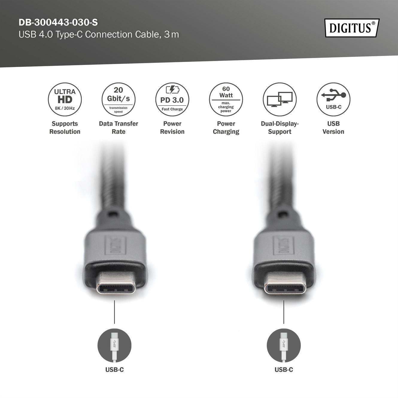 Кабель DIGITUS USB4 CM/CM 3м Black (DB-300443-030-S)