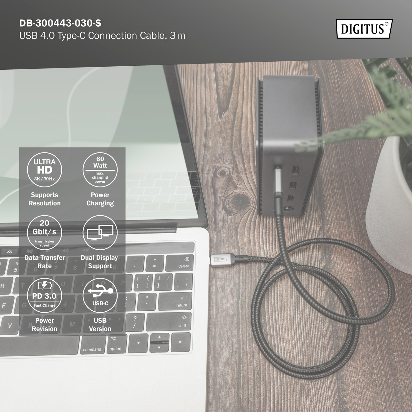 Кабель DIGITUS USB4 CM/CM 3м Black (DB-300443-030-S)