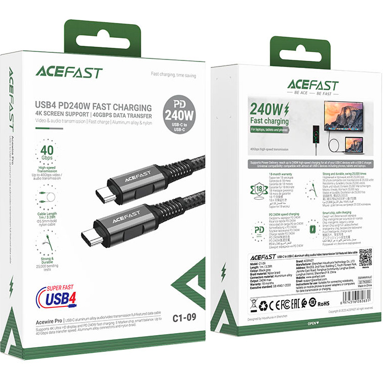 Кабель ACEFAST C1-09 USB-C - USB-C PD240W 1м Black Gray