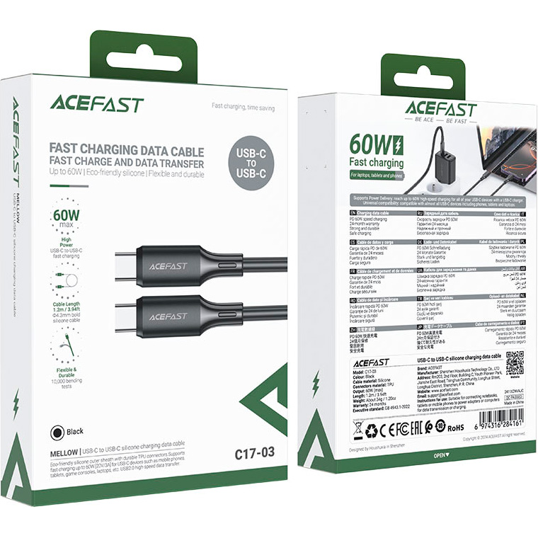 Кабель ACEFAST C17-03 USB-C - USB-C 60 Вт 1.2м Black