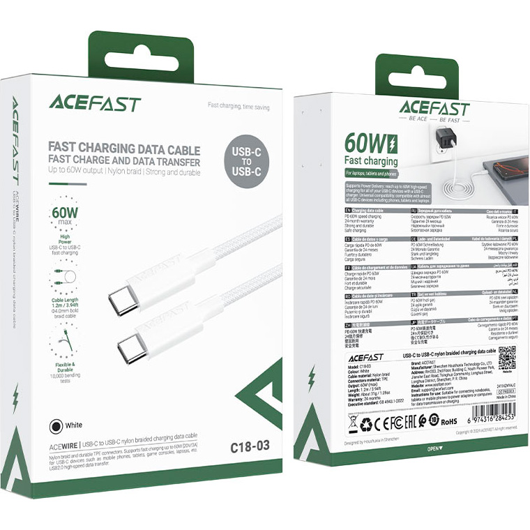 Кабель ACEFAST C18-03 USB-C to USB-C 60W 1.2м White