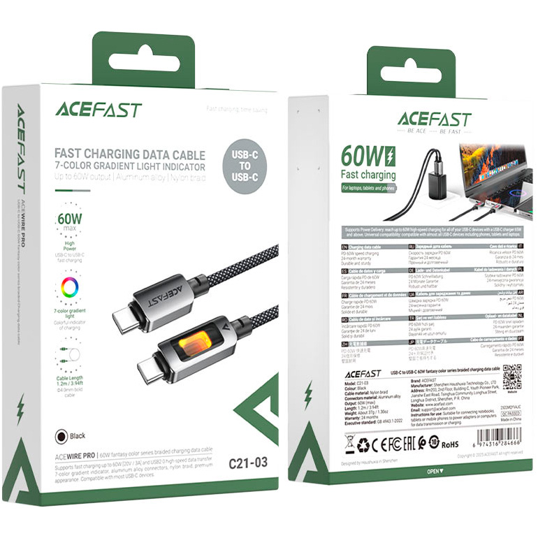 Кабель ACEFAST C21-03 USB-C - USB-C 60 Вт 1.2м Black