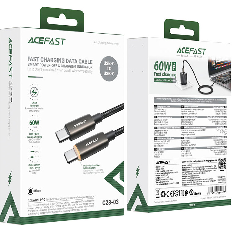 Кабель ACEFAST C23-03 USB-C - USB-C 60 Вт 1.2м Black
