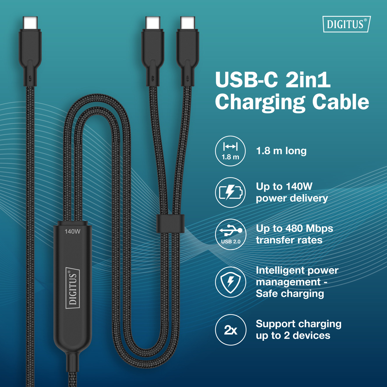 Кабель DIGITUS USB-C 2-в-1, 140 Вт 1.8м (AK-300170-018-S)
