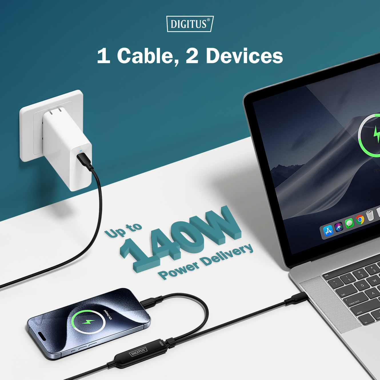 Кабель DIGITUS USB-C 2-в-1, 140 Вт 1.8м (AK-300170-018-S)