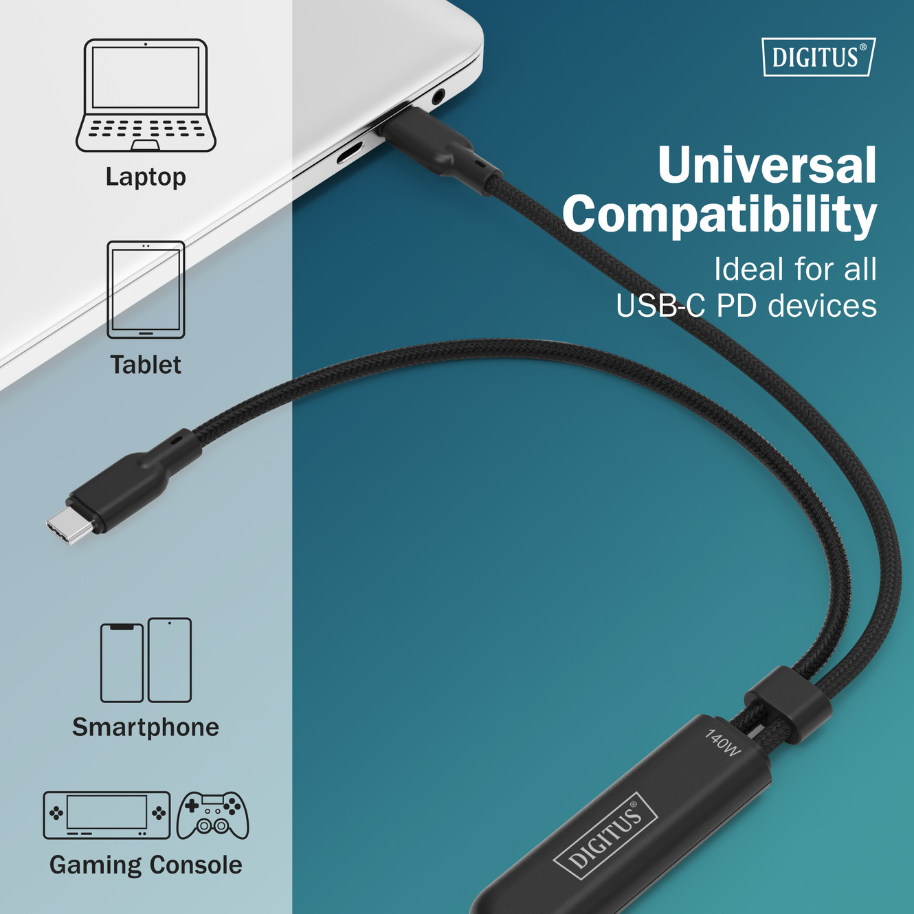 Кабель DIGITUS USB-C 2-в-1, 140 Вт 1.8м (AK-300170-018-S)