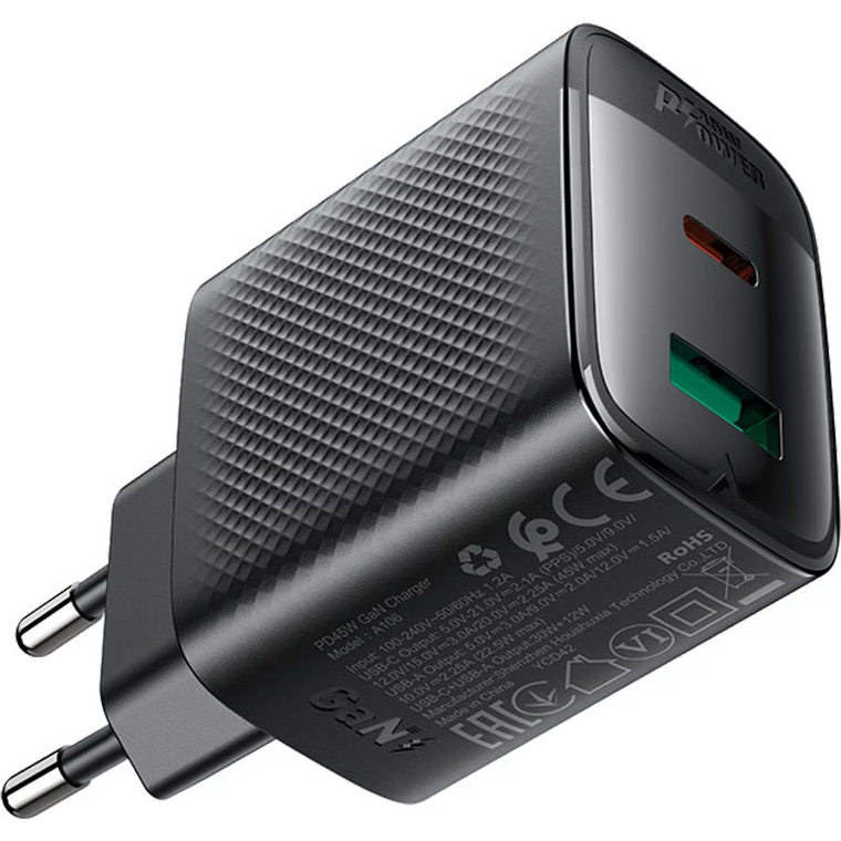 Зарядний пристрій ACEFAST A106 Fast Charge Wall Charger GaN PD45W (1xUSB-C, 1xUSB-A) Black
