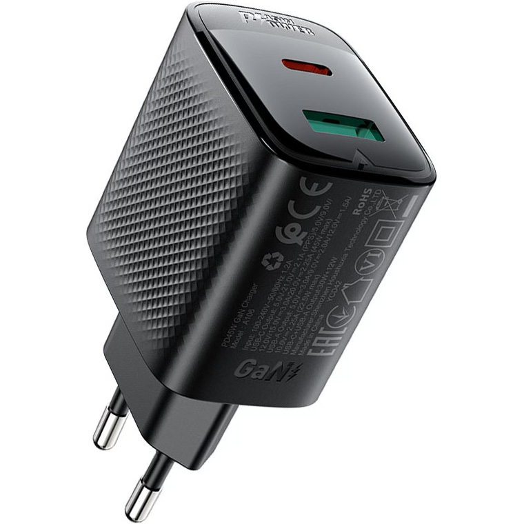 Зарядний пристрій ACEFAST A106 Fast Charge Wall Charger GaN PD45W (1xUSB-C, 1xUSB-A) Black