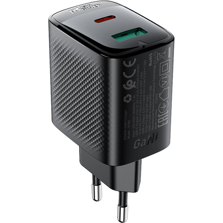 Зарядний пристрій ACEFAST A106 Fast Charge Wall Charger GaN PD45W (1xUSB-C, 1xUSB-A) Black