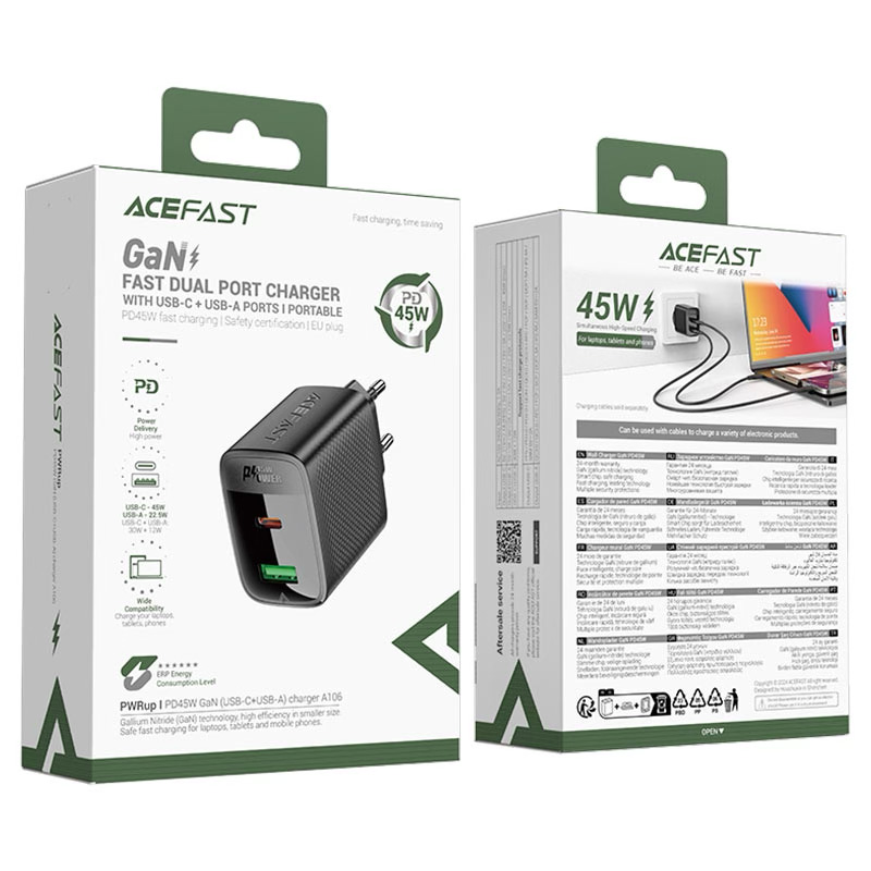 Зарядний пристрій ACEFAST A106 Fast Charge Wall Charger GaN PD45W (1xUSB-C, 1xUSB-A) Black