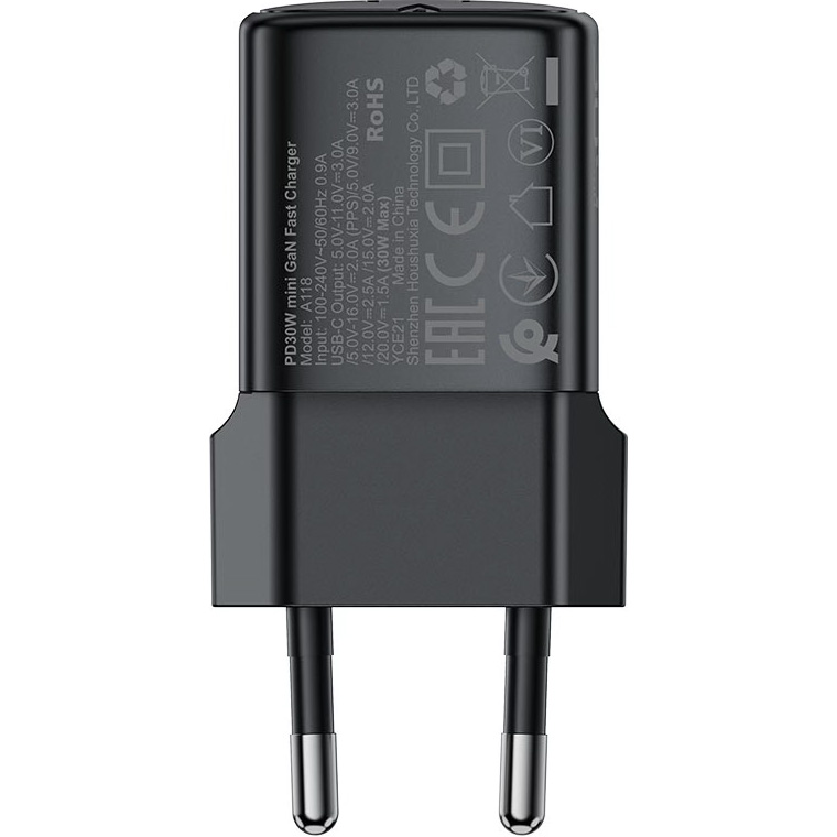 Зарядное устройство ACEFAST A118 Fast Charge Wall Charger GaN PD30W (1xUSB-C) Black w/Type-C cable