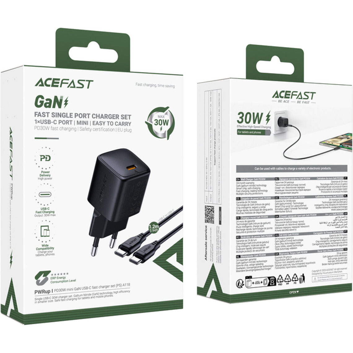 Зарядное устройство ACEFAST A118 Fast Charge Wall Charger GaN PD30W (1xUSB-C) Black w/Type-C cable