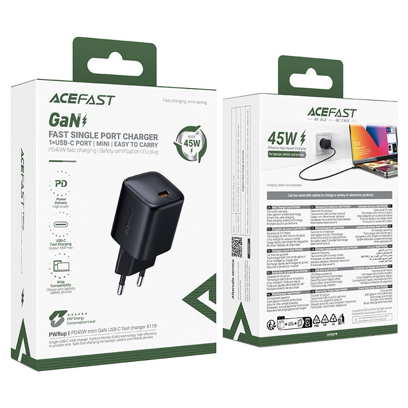 Зарядное устройство ACEFAST A119 Fast Charge Wall Charger GaN PD45W (1xUSB-C) Black