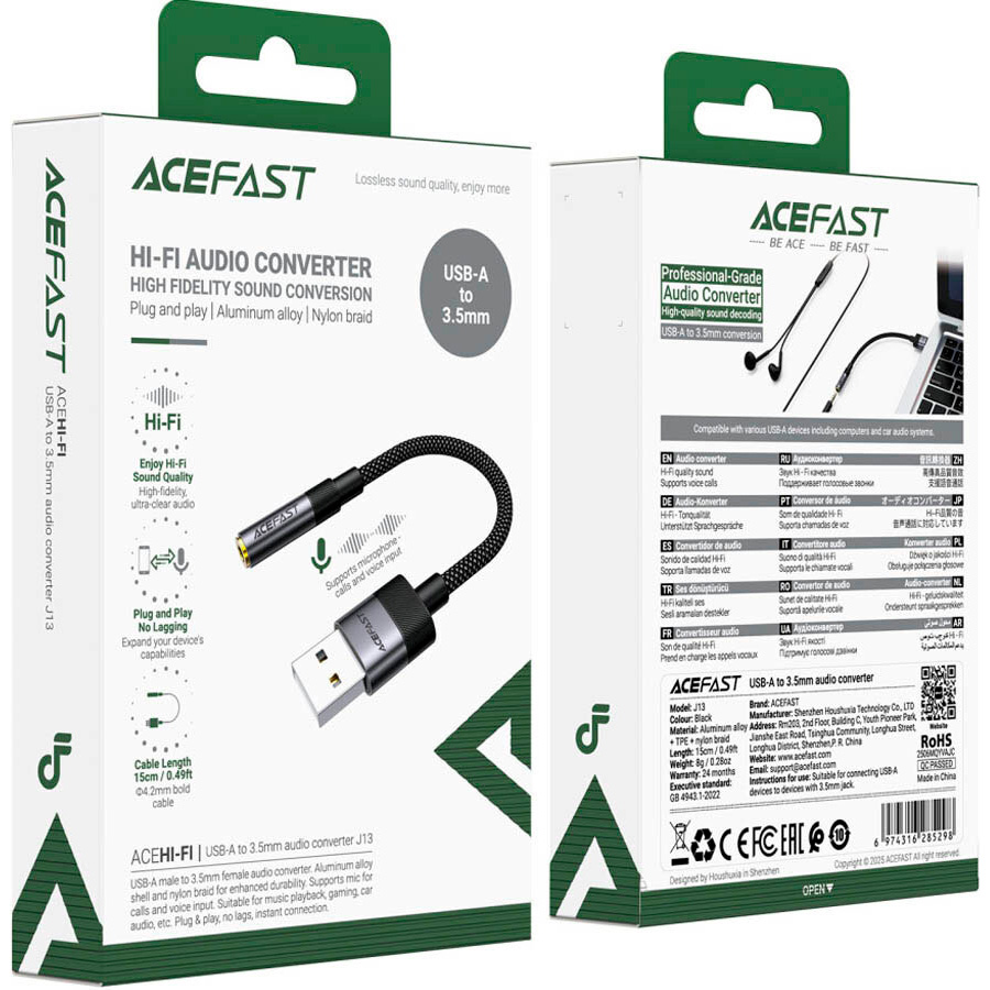 Адаптер ACEFAST 13 USB-A - 3,5 мм USB-AM - mini-jack 3.5mm (F) 0.15м Black