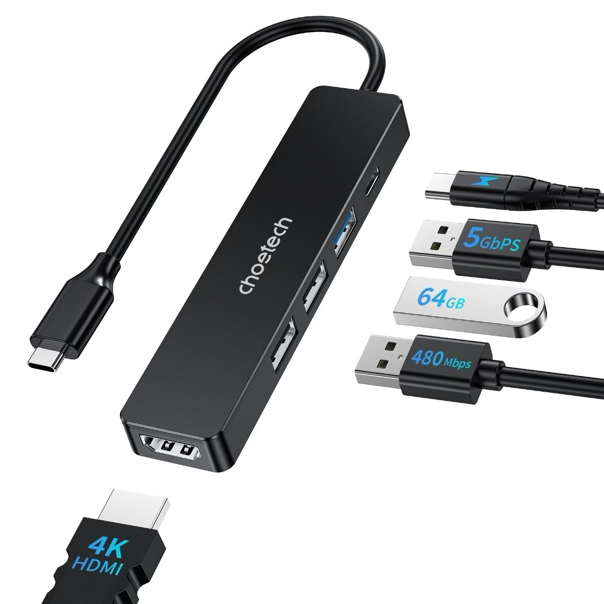 Порт-репликатор CHOETECH M80 5-in-1 USB-C Multiport Adapter (HUB-M80-BK)