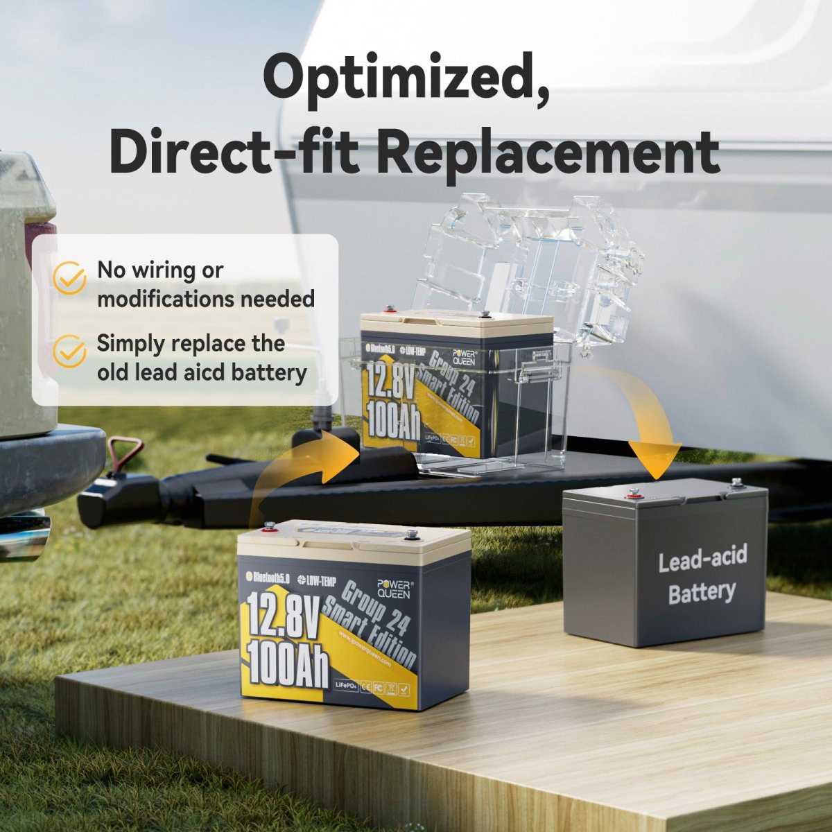 Акумуляторна батарея POWER QUEEN LiFePO4 12V 100Ah Group 24 Smart Deep Cycle Lithium Battery (12.8В, 100Агод)
