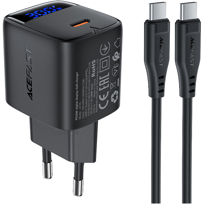 Зарядное устройство ACEFAST A115 Fast Charge Wall Charger GaN PD30W (1xUSB-C) + USB-C cable Black w/Type-C cable