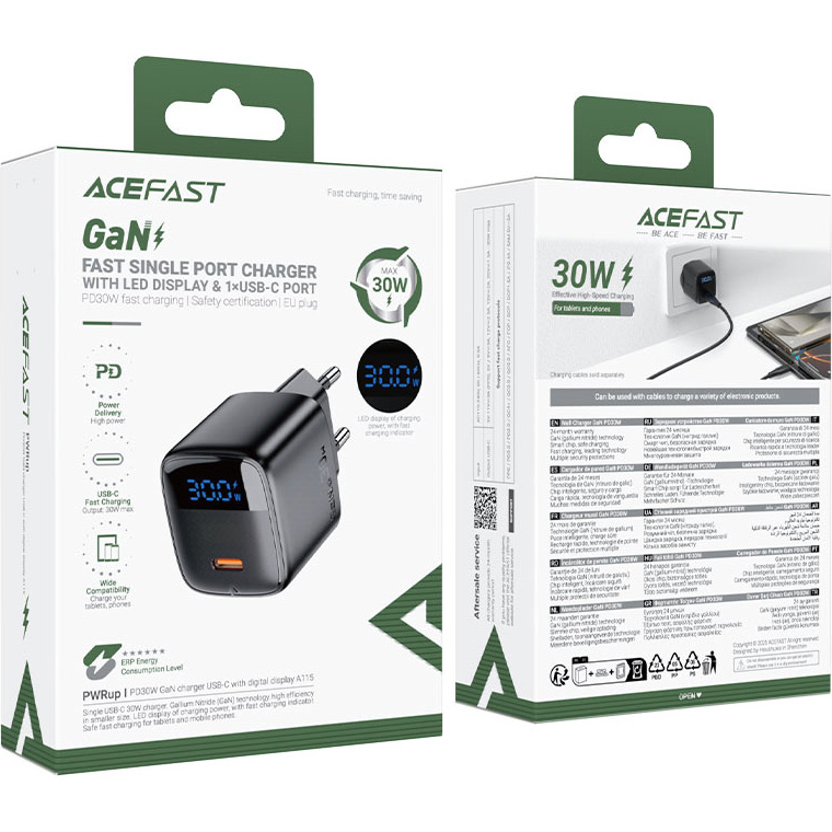 Зарядное устройство ACEFAST A115 Fast Charge Wall Charger GaN PD30W (1xUSB-C) + USB-C cable Black w/Type-C cable