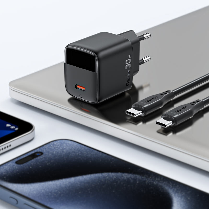 Зарядное устройство ACEFAST A115 Fast Charge Wall Charger GaN PD30W (1xUSB-C) + USB-C cable Black w/Type-C cable