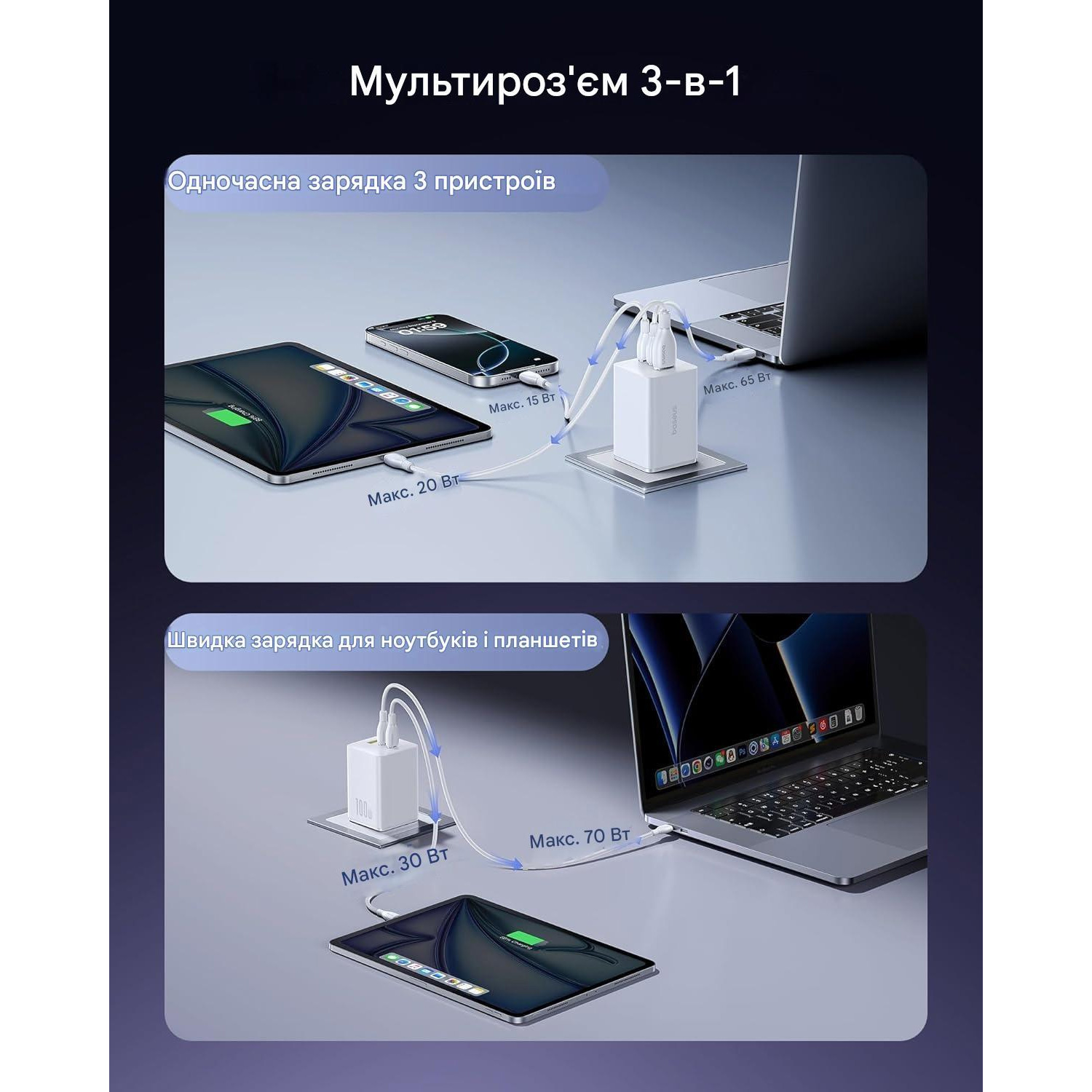 Зарядний пристрій BASEUS EnerFill FE11 Fast Charger 2C+U 100W White (P10182102213-00)