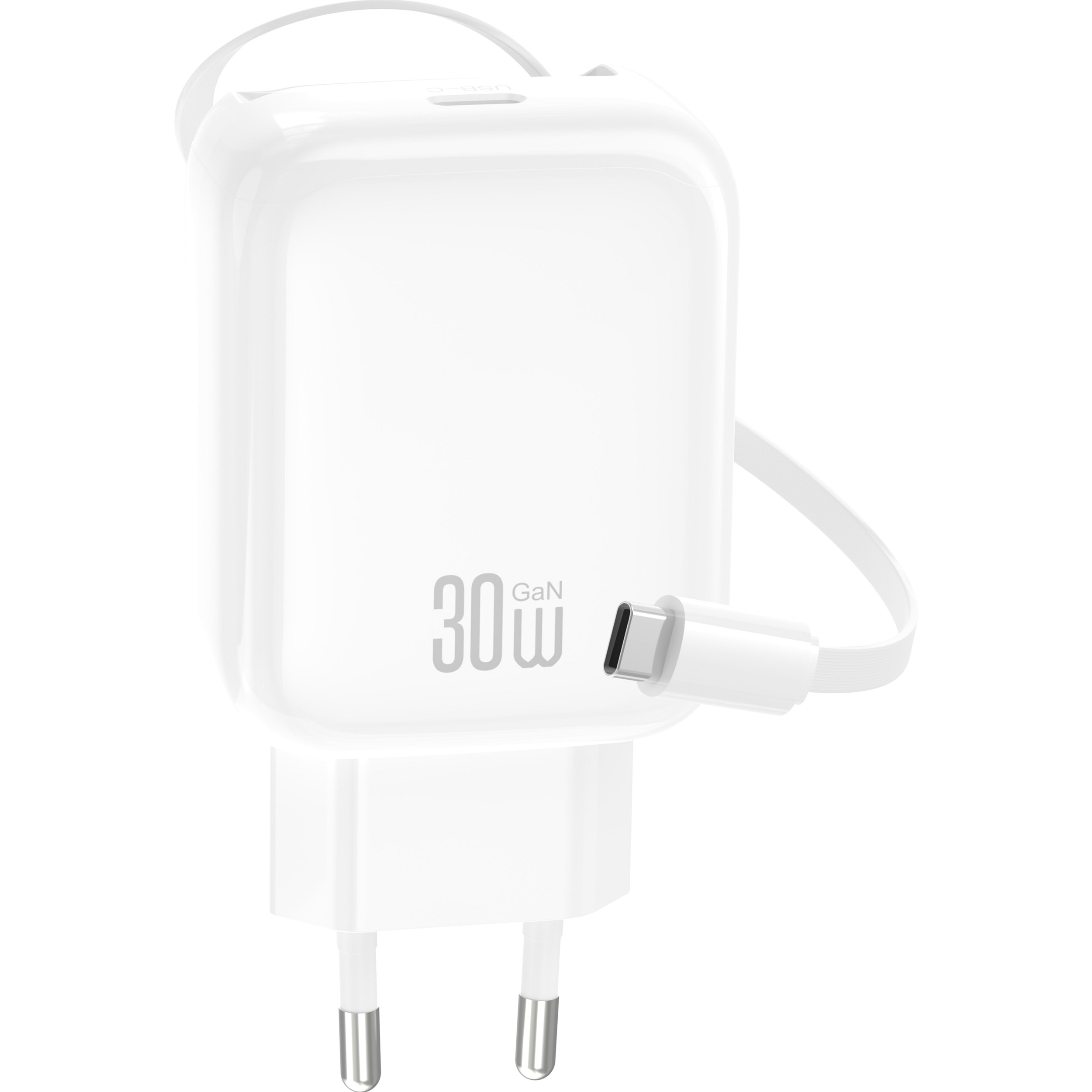 Зарядний пристрій XO QC17 1xUSB-C 30W Gallium Nitride Fast Charger w/Retractable Type-C Cable White (XO-QC17)
