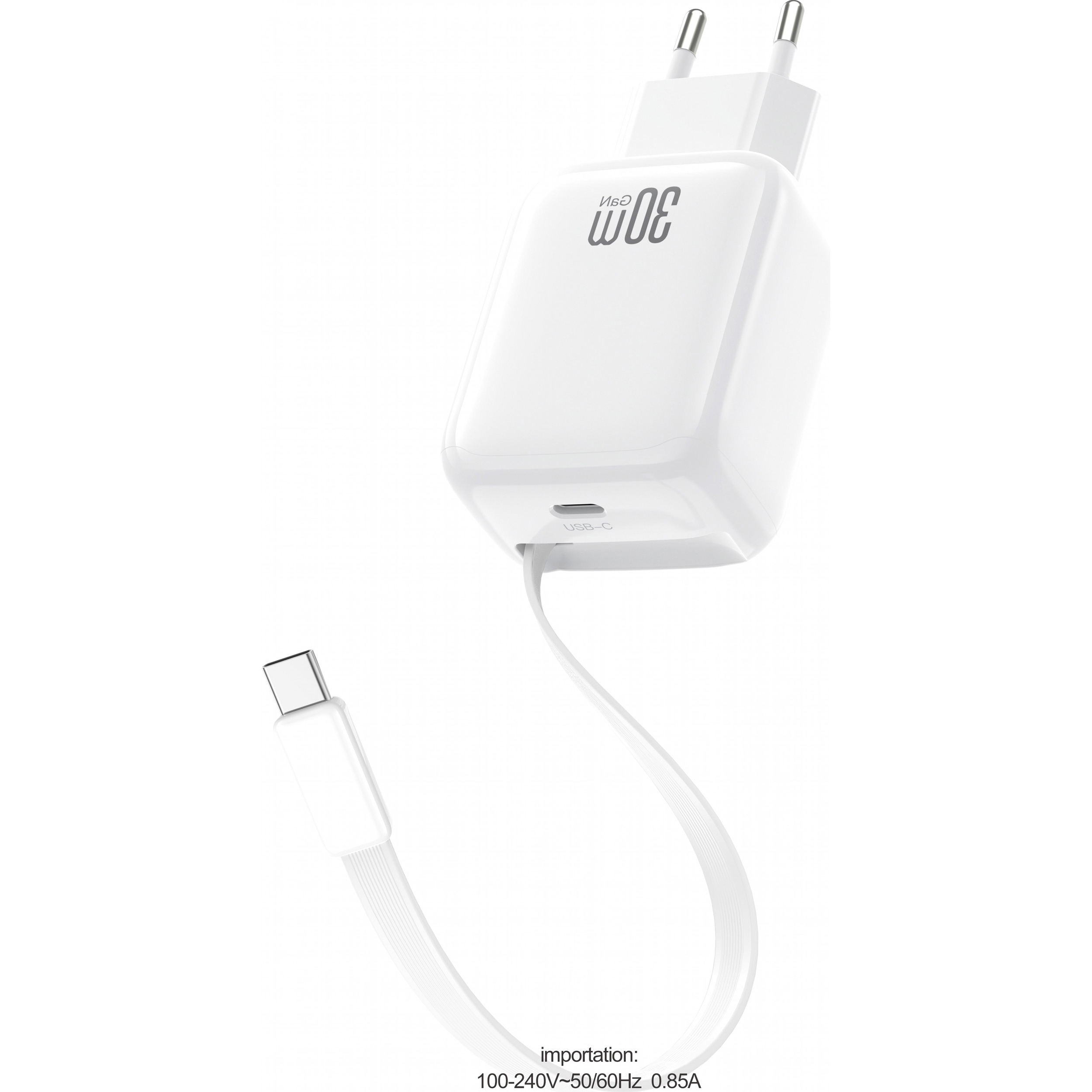 Зарядний пристрій XO QC17 1xUSB-C 30W Gallium Nitride Fast Charger w/Retractable Type-C Cable White (XO-QC17)