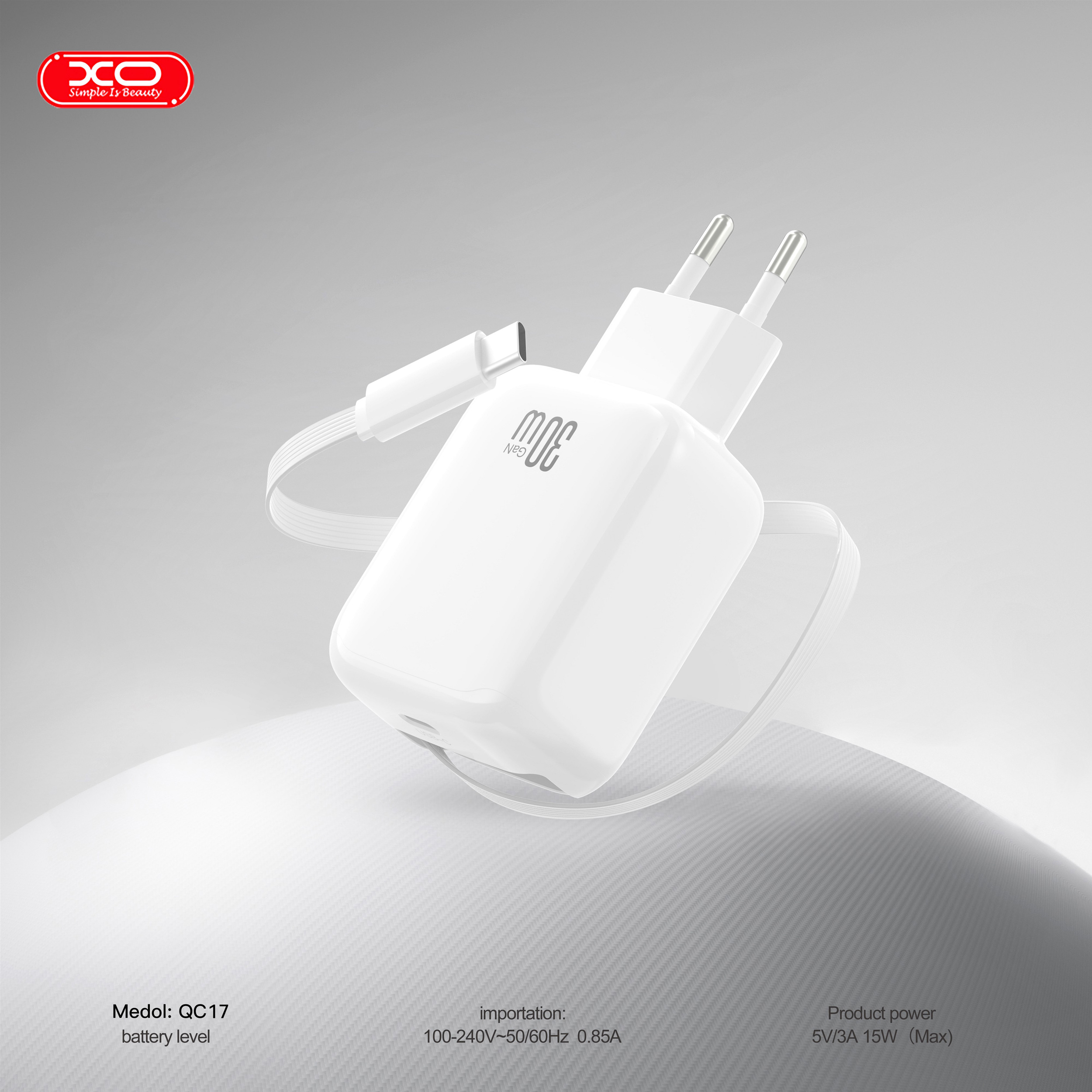 Зарядний пристрій XO QC17 1xUSB-C 30W Gallium Nitride Fast Charger w/Retractable Type-C Cable White (XO-QC17)