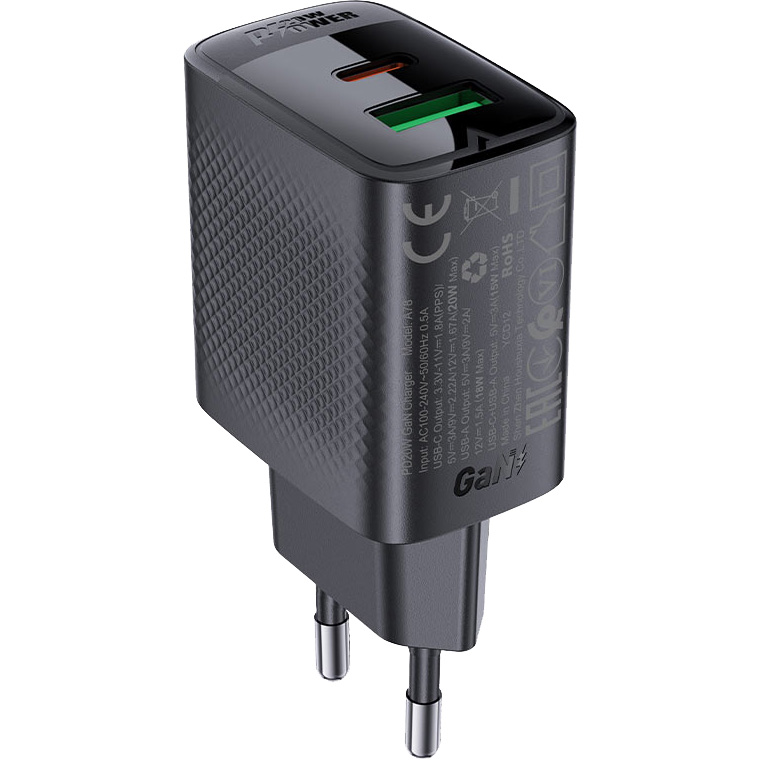 Зарядное устройство ACEFAST A78 Fast Charge Wall Charger GaN PD20W (1xUSB-C + 1xUSB-A) Black