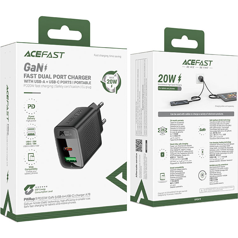 Зарядное устройство ACEFAST A78 Fast Charge Wall Charger GaN PD20W (1xUSB-C + 1xUSB-A) Black