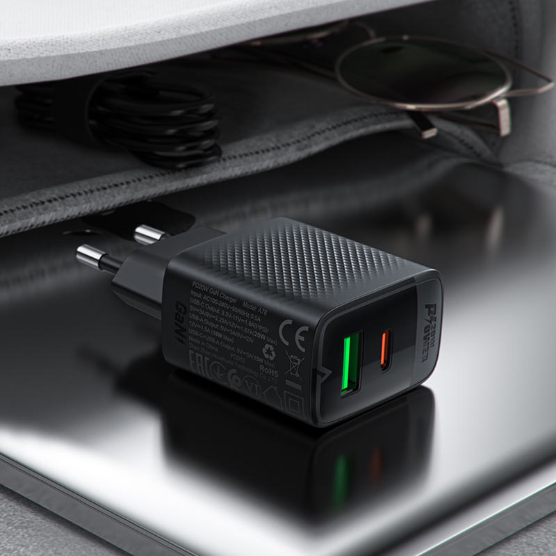 Зарядное устройство ACEFAST A78 Fast Charge Wall Charger GaN PD20W (1xUSB-C + 1xUSB-A) Black