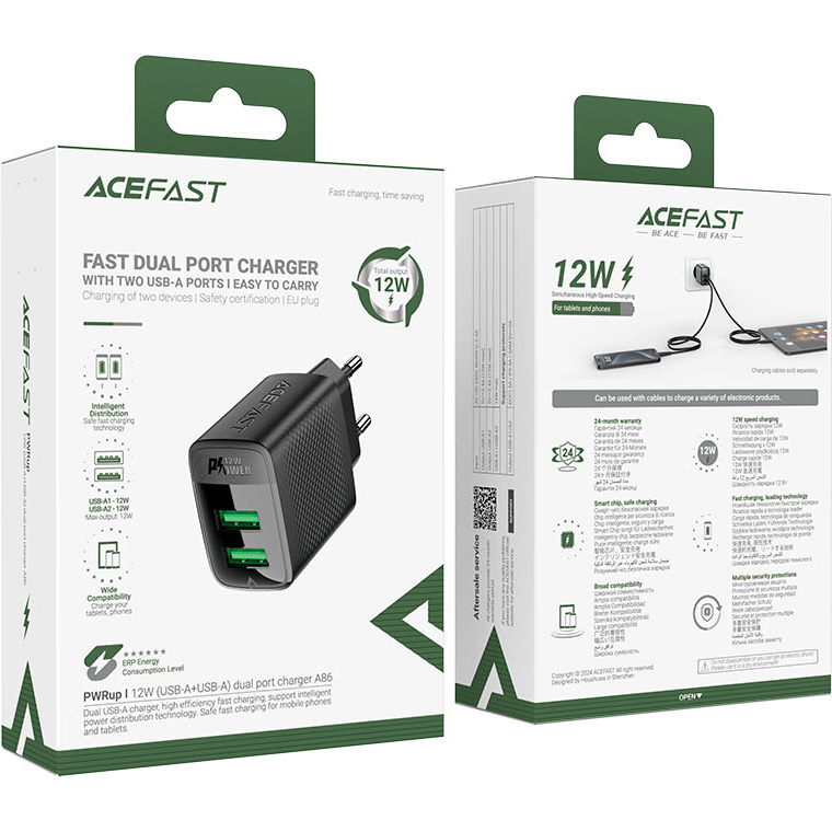 Зарядное устройство ACEFAST A86 Fast Charge Wall Charger 12W (2xUSB-A) Black