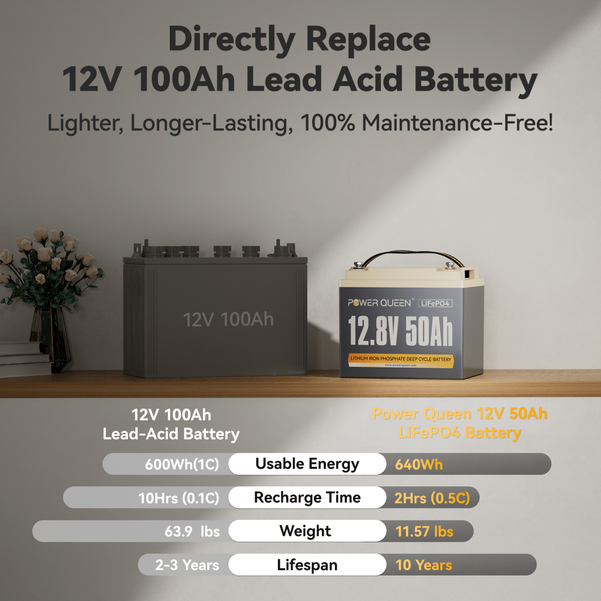 Акумуляторна батарея POWER QUEEN LiFePO4 12V 50Ah Deep Cycle Lithium Battery (12.8В, 50Агод)