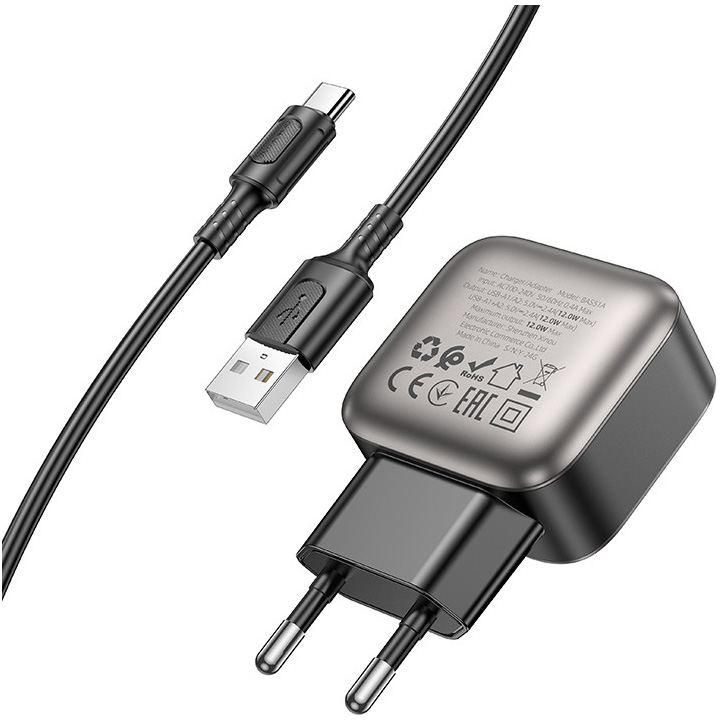 Зарядний пристрій BOROFONE BA51A Absolute 2xUSB-A, 2.4A Black w/Type-C cable