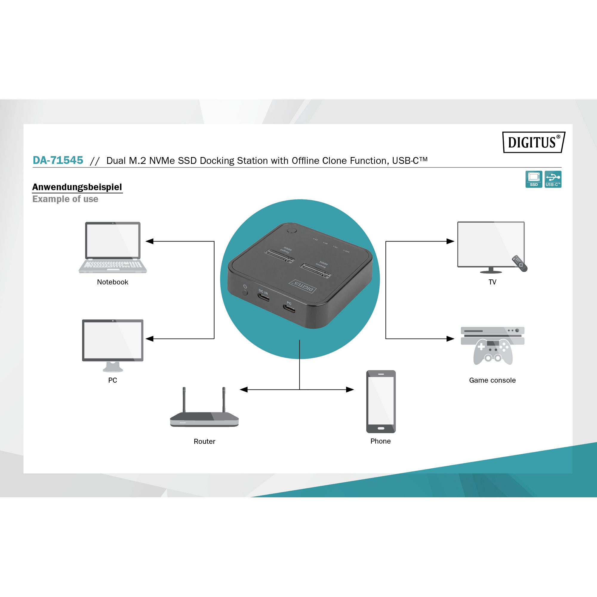 Док-станция DIGITUS Dual M.2 NVMe SSD Docking Station with Offline Clone Function NVMe PCIe M.2 to USB3.2