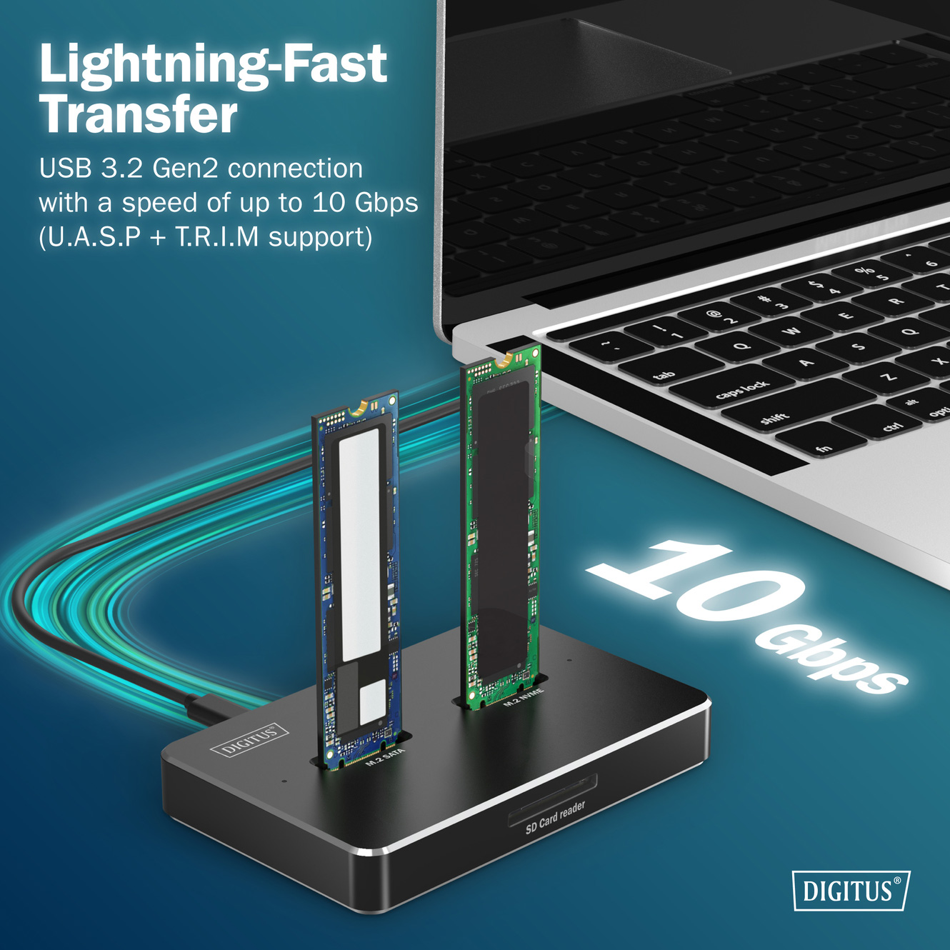Док-станция DIGITUS M.2 NVMe + M.2 SATA SSD docking station with SD Express card reader NVMe SATA M.2 SSD to USB3.2