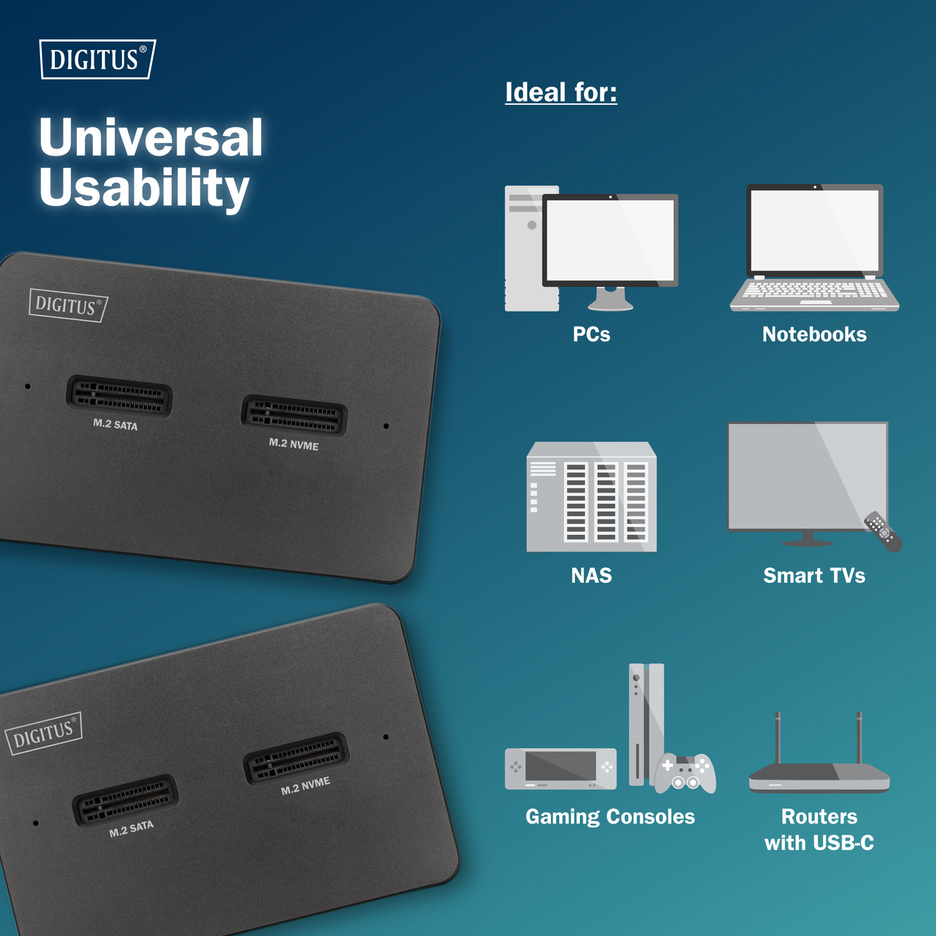 Док-станция DIGITUS M.2 NVMe + M.2 SATA SSD docking station with SD Express card reader NVMe SATA M.2 SSD to USB3.2