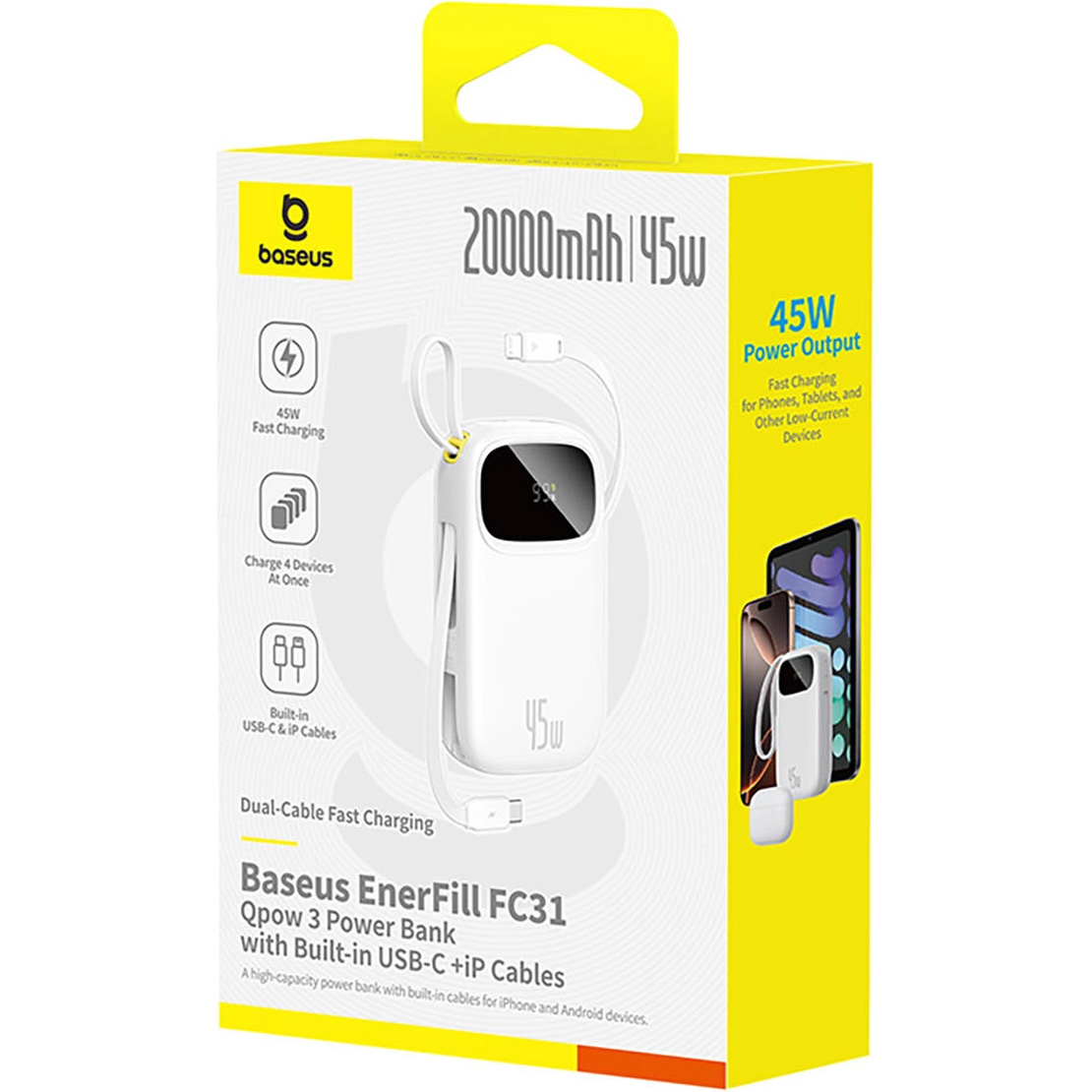 Повербанк BASEUS EnerFill FC31 Qpow 3 Power Bank with Built-in USB-C + iP Cables 45W 20000mAh White (E0028D01)