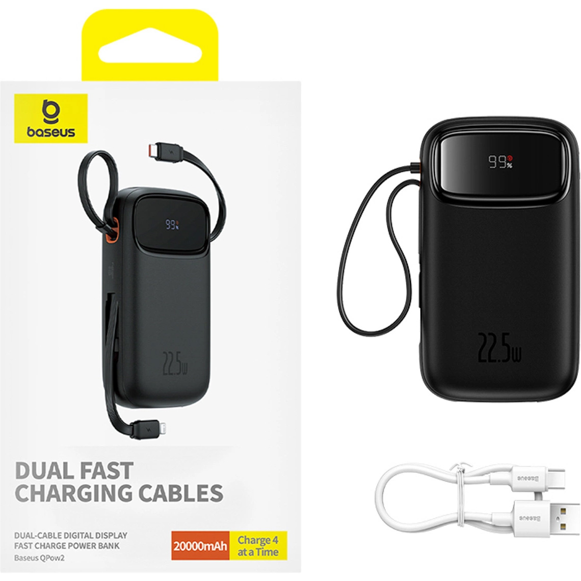 Повербанк BASEUS QPow 2 Dual-Cable Digital Display Fast Charge Power Bank 22.5W 20000mAh Black (P10055002113-00)