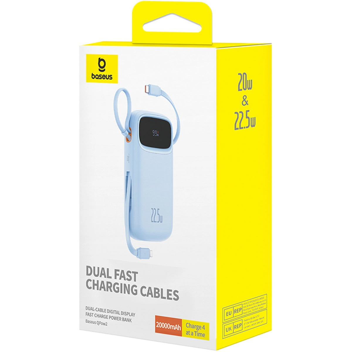 Повербанк BASEUS QPow 2 Dual-Cable Digital Display Fast Charge Power Bank 22.5W 20000mAh Blue (P10055002313-00)