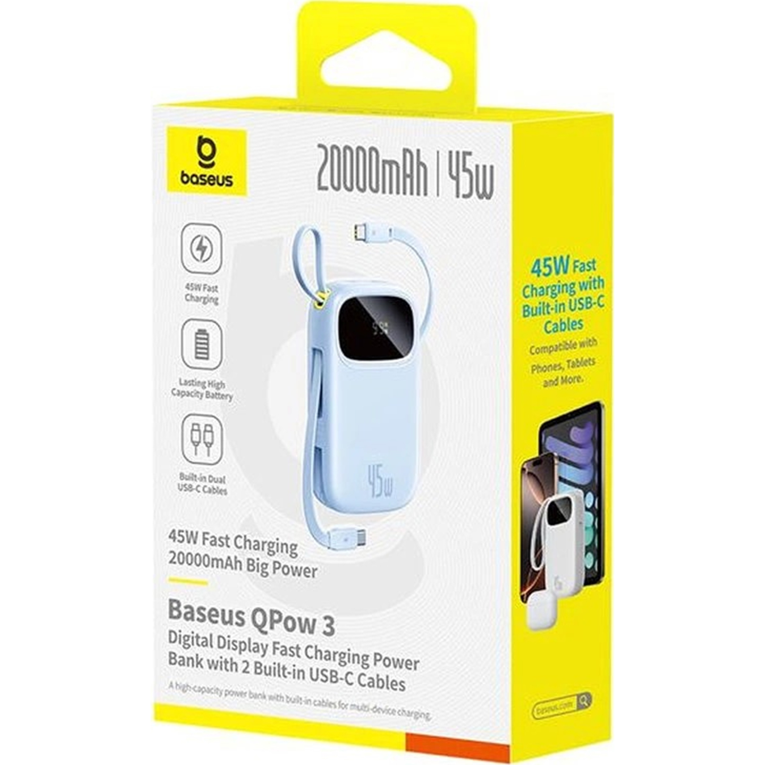 Повербанк BASEUS QPow 3 Digital Display Power Bank with 2 Built-in USB-C Cables 45W 20000mAh Blue (P10082105313-00)