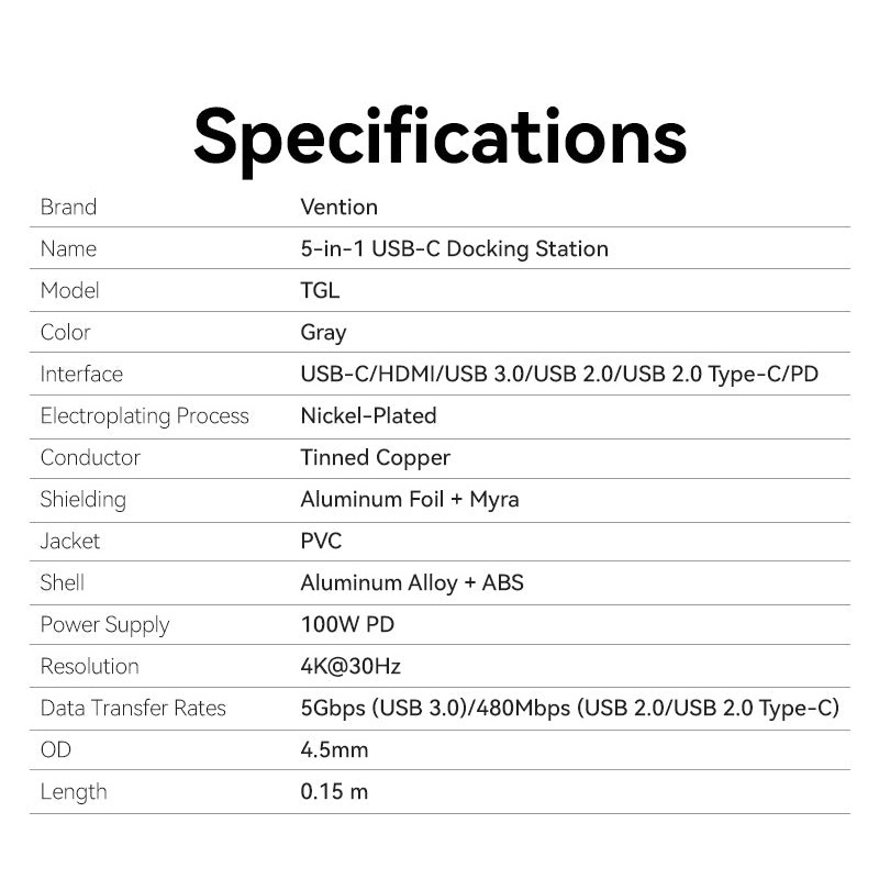 Порт-реплікатор VENTION 5-in-1 USB-C to HDMI/USB3.0/USB2.0/USB-C2.0/PD (TGLHB)