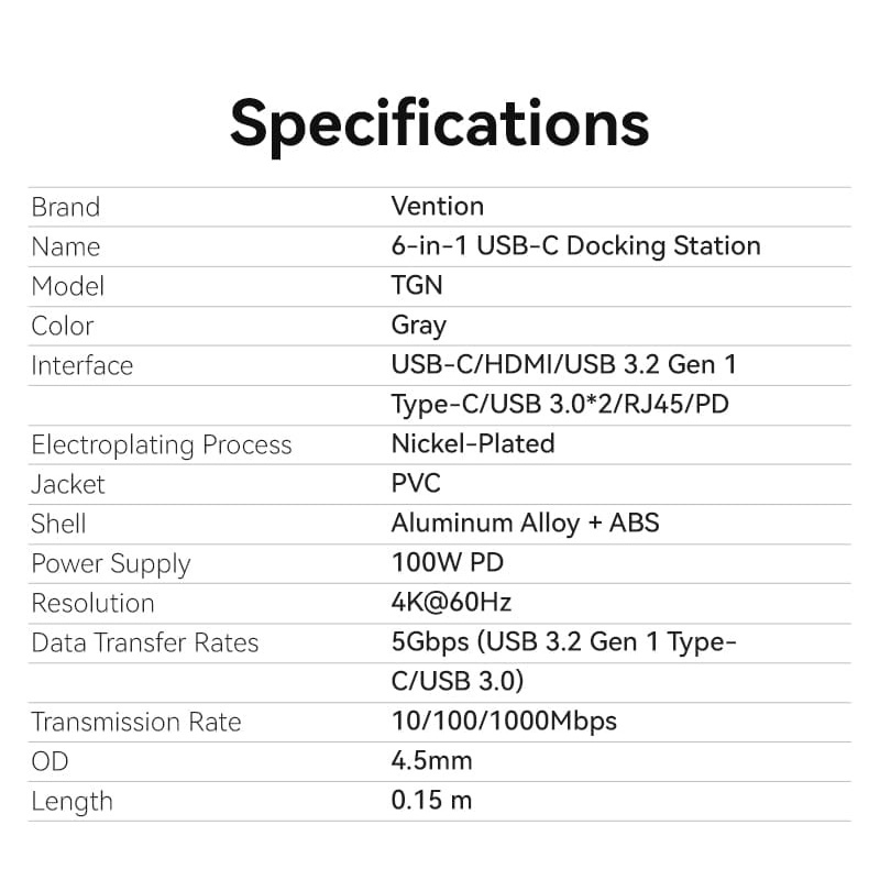 Порт-реплікатор VENTION 6-in-1 USB-C to HDMI/USB-C3.2/2xUSB3.0/LAN/PD (TGNHB)