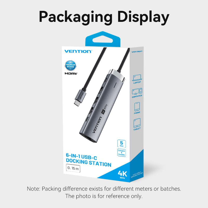 Порт-реплікатор VENTION 6-in-1 USB-C to HDMI/USB-C3.2/2xUSB3.0/LAN/PD (TGNHB)