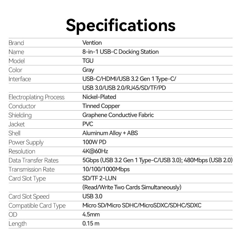 Порт-репликатор VENTION 8-in-1 USB-C to HDMI/USB-C3.2/USB3.0/USB2.0/SD/TF/LAN/PD (TGUHB)