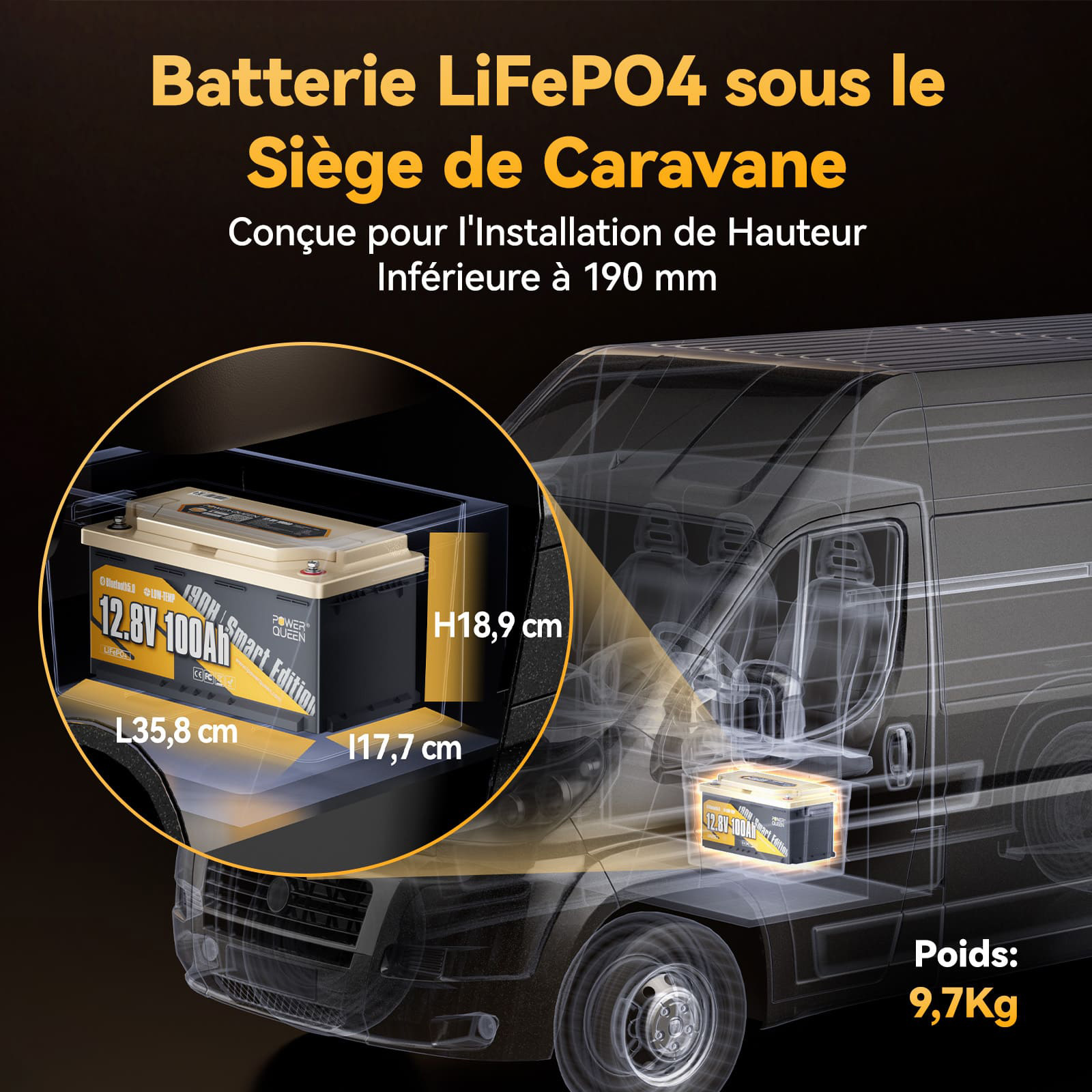 Акумуляторна батарея POWER QUEEN LiFePO4 12V 100Ah H190 Smart Edition Lithium Battery (12.8В, 100Агод)