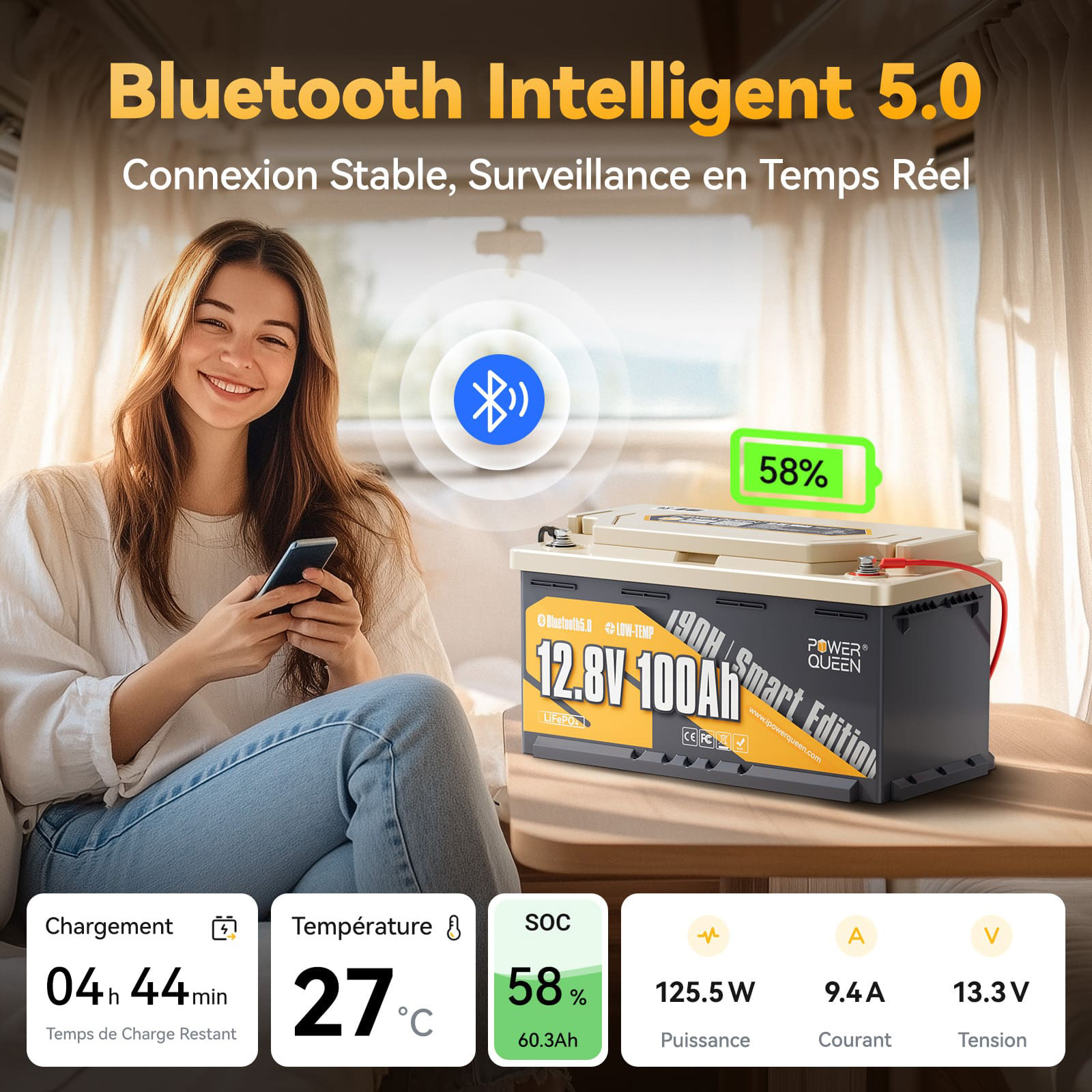 Акумуляторна батарея POWER QUEEN LiFePO4 12V 100Ah H190 Smart Edition Lithium Battery (12.8В, 100Агод)