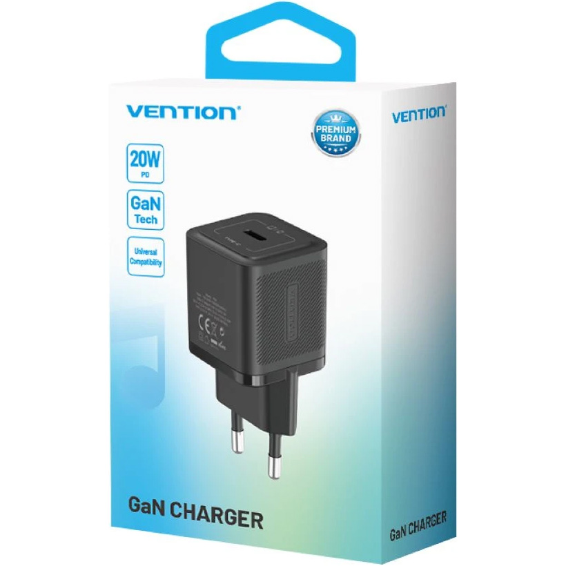 Зарядний пристрій VENTION 1xUSB-C GaN Wall Charger 20W Black (FEPB0-EU)